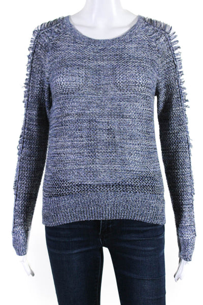 IRO Womens Cotton Stripe Print Distress Fringed Long Sleeve Sweater Blue Size XS