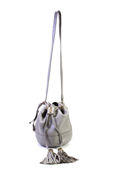 See by Chloe Womens Leather Gold Tone Accent Drawstring Bucket Bag Gray Size S