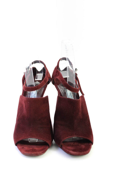 Prada Women's Open Toe Suede Ankle Buckle Stiletto Sandals Burgundy Size 7