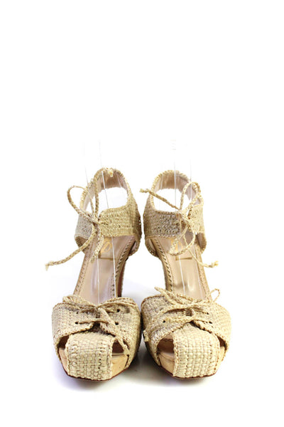 YSL Women's Cone Heels Strappy Natural Knit Tie Ankle Sandals Beige Size 7