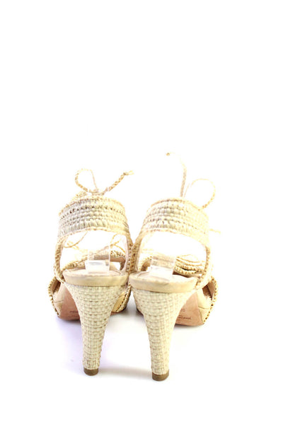 YSL Women's Cone Heels Strappy Natural Knit Tie Ankle Sandals Beige Size 7