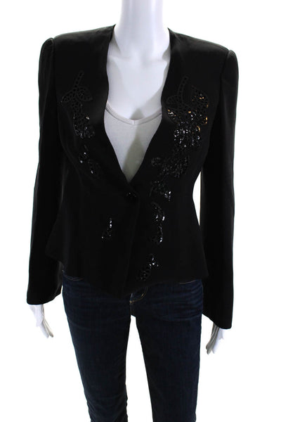 Armani Collezioni Womens Single Button Sequin Floral Silk Jacket Black Size 4