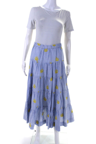 J Crew Womens Blue Striped Pineapple Embroidered A-Line Tiered Midi Skirt SizeXS