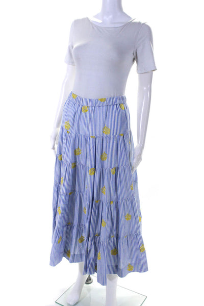 J Crew Womens Blue Striped Pineapple Embroidered A-Line Tiered Midi Skirt SizeXS