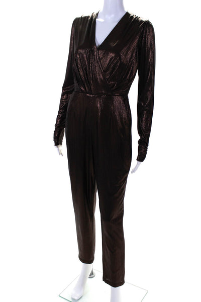 Greylin Anthropologie Womens Metallic Brown V-Neck Long Sleeve Jumpsuit Size XS