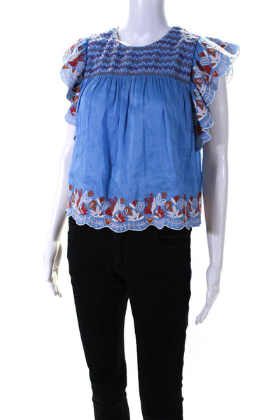 AMUR Womens Blue Linen Ruffle Floral Print Short Sleeve Blouse Top Size XS