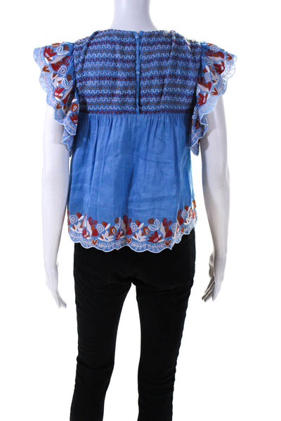AMUR Womens Blue Linen Ruffle Floral Print Short Sleeve Blouse Top Size XS