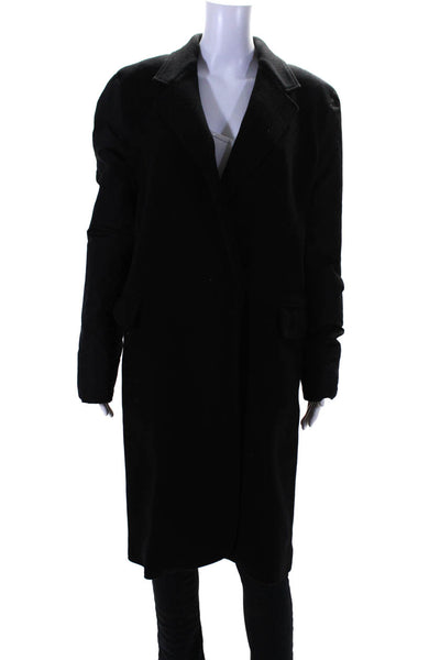 Designer Womens Single Button Notched Lapel V Neck Coat Black Wool Size Medium