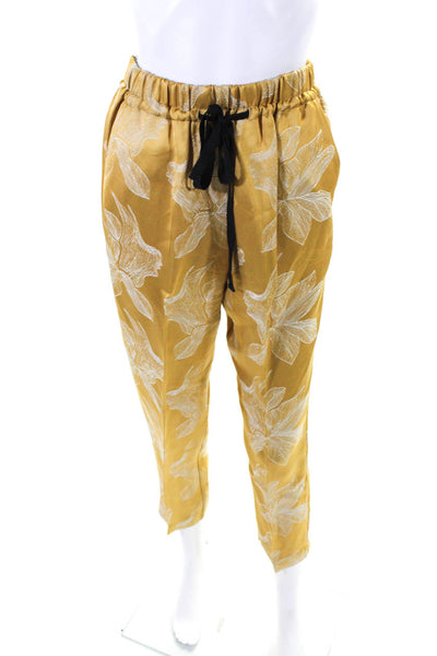 Forte_Forte Womens Floral Embroidered Drawstring Pleated Front Pants Gold Size 0