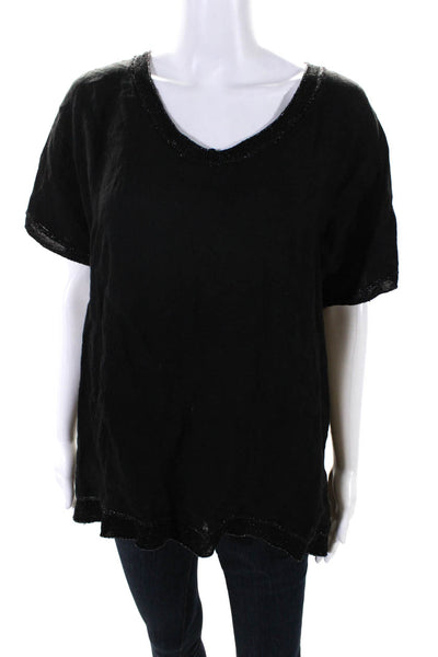 Saks Fifth Avenue Womens Black Linen Scoop Neck Short Sleeve Blouse Top Size L