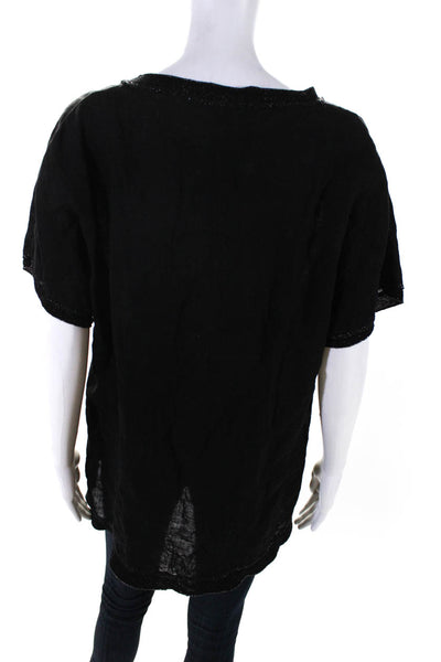 Saks Fifth Avenue Womens Black Linen Scoop Neck Short Sleeve Blouse Top Size L