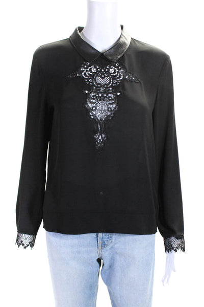 The Kooples Womens Collared Embroidered Floral Mesh Blouse Black Size M