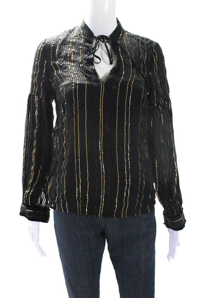 Derek Lam 10 Crosby Womens Silk Metallic Striped Print V-Neck Top Black Size 0