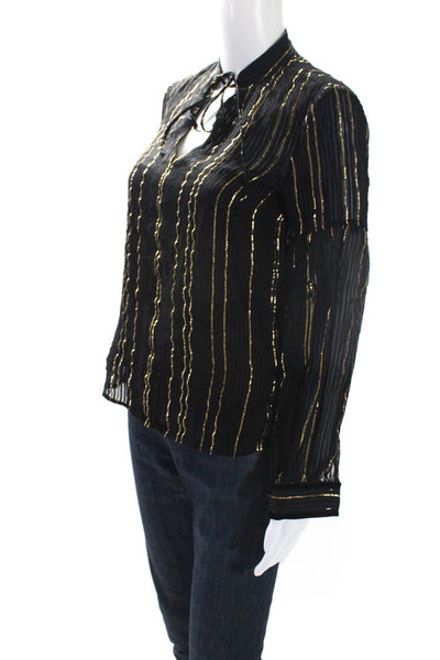 Derek Lam 10 Crosby Womens Silk Metallic Striped Print V-Neck Top Black Size 0