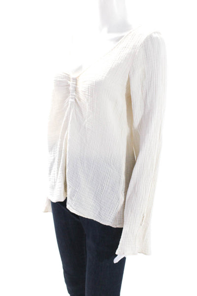 Raquel Allegra Womens Cotton Textured V-Neck Long Sleeve Blouse White Size 2