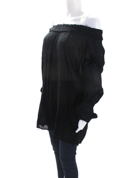 Raquel Allegra Womens Cotton Long Sleeve Pullover Ruched Blouse Black Size 2