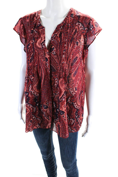 Joie Womens Silk Chiffon Abstract Print Cap Sleeve V-Neck Blouse Top Red Size M