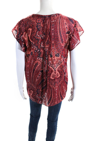 Joie Womens Silk Chiffon Abstract Print Cap Sleeve V-Neck Blouse Top Red Size M