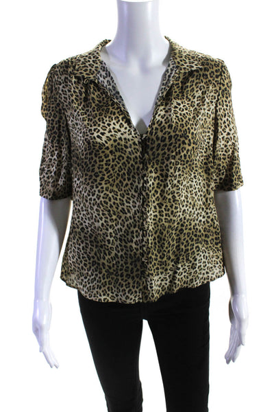 Frame Womens Button Front Short Sleeve Collared Leopard Silk Shirt Brown Medium