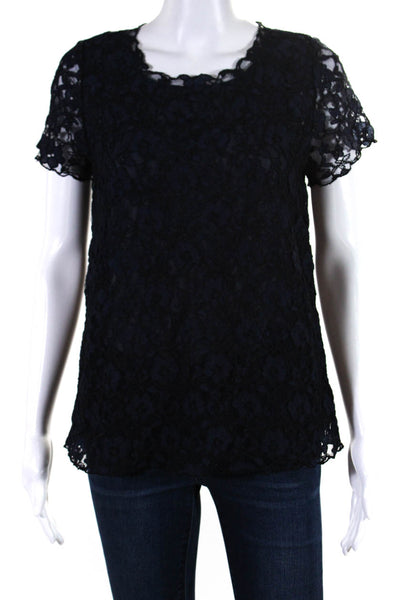 Joie Womens Short Sleeve Floral Lace Blouse Navy Blue Size XS