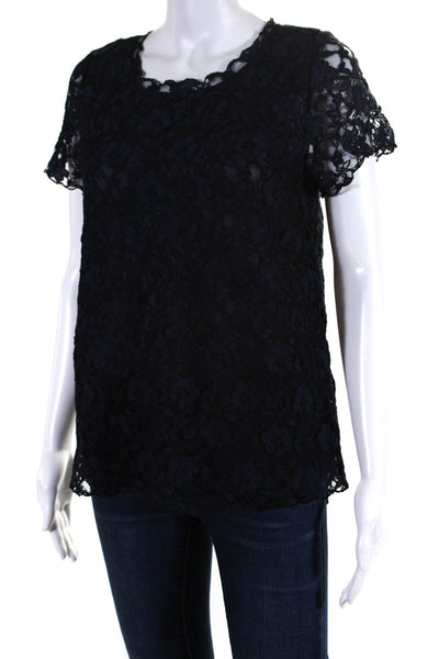 Joie Womens Short Sleeve Floral Lace Blouse Navy Blue Size XS