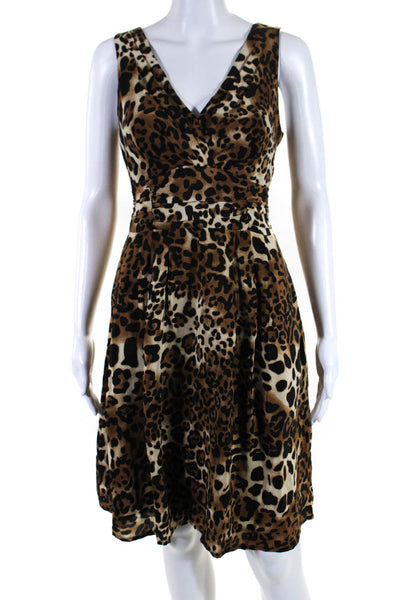 Nanette Lepore Womens Leopard Print Sleeveless V Neck A line Dress Brown Size 6
