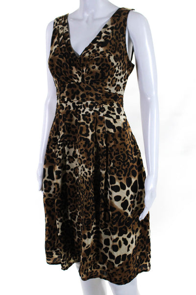 Nanette Lepore Womens Leopard Print Sleeveless V Neck A line Dress Brown Size 6