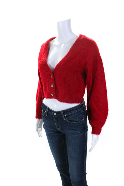 Sincerely Jules Womens V Neck Fuzzy Rhinestone Cardigan Sweater Red Medium