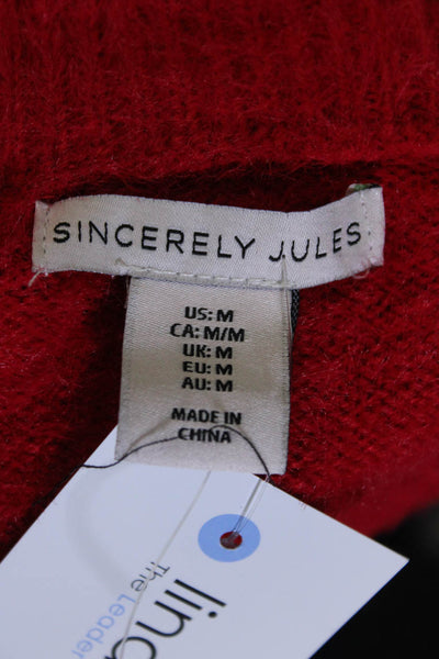 Sincerely Jules Womens V Neck Fuzzy Rhinestone Cardigan Sweater Red Medium