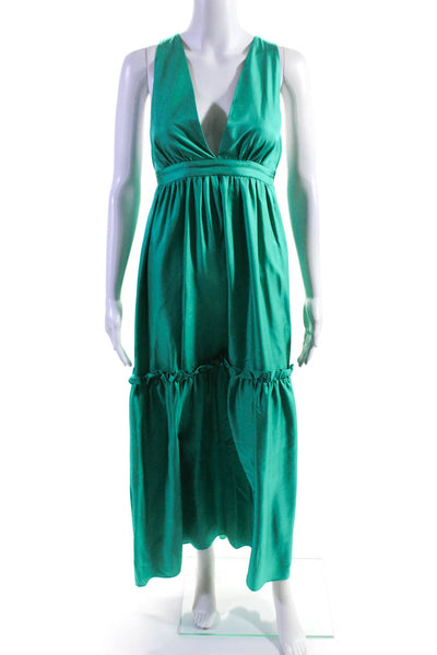 Cynthia Rowley Womens Sleeveless V Neck Silk Maxi Dress Teal Green Size 8
