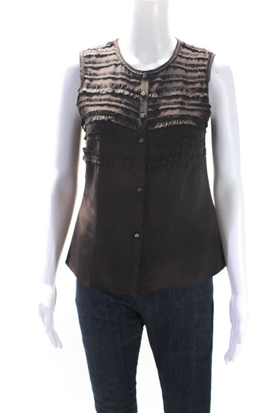 Tory Burch Womens Sleeveless Ruffle Button Up Top Blouse Brown Silk Size 2