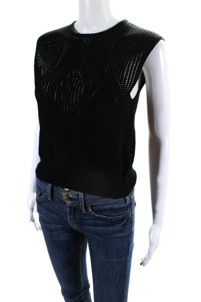 Love Binetti Womens Sleeveless Crew Neck Open Knit Top Black Cotton Size XS