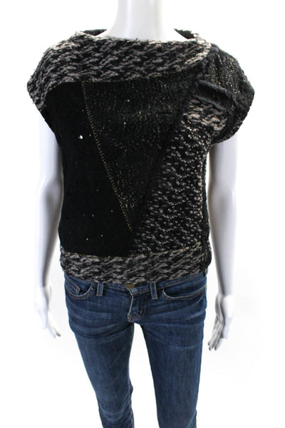 Bottega Veneta Womens Knit Boucle Sleeveless Boat Neck Blouse Black Ivory IT 40