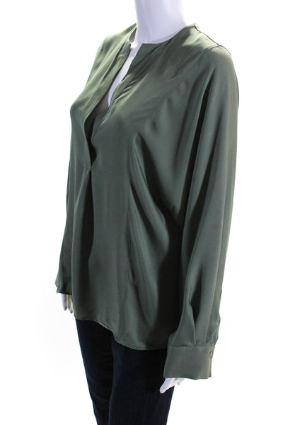 Vince Womens Sage Green Silk V-Neck Long Sleeve Blouse Top Size M