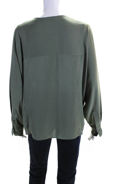 Vince Womens Sage Green Silk V-Neck Long Sleeve Blouse Top Size M
