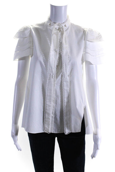 Adam Lippes Womens Short Flare Sleeves Button Down Shirt White Cotton Size 2