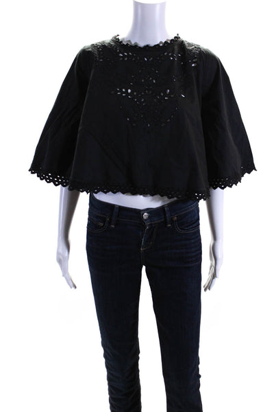 Etoile Isabel Marant Womens Eyelet Bell Sleeves Blouse Black Cotton Size EUR 34