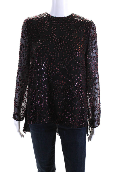 Adam Lippes Womens Silk Blend Long Sleeves Blouse Black Pink Metallic Size 0