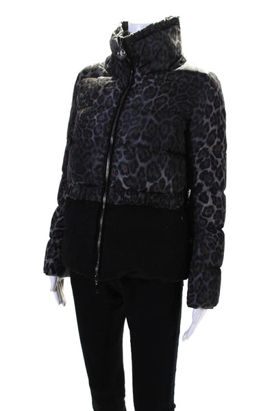 Moncler Womens Leopard Print Full Zip Down Filled Puffer Coat Brown Black Size 1