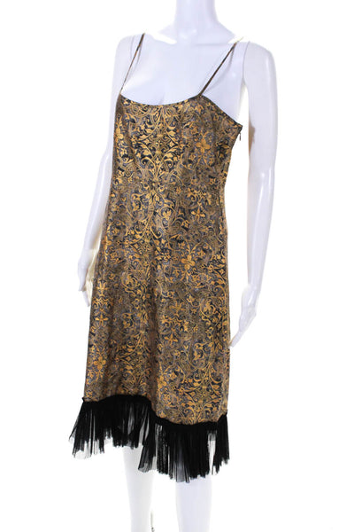 Tocca Womens Gold Silk Printed Black Tulle Sleeveless Shift Dress Size 8