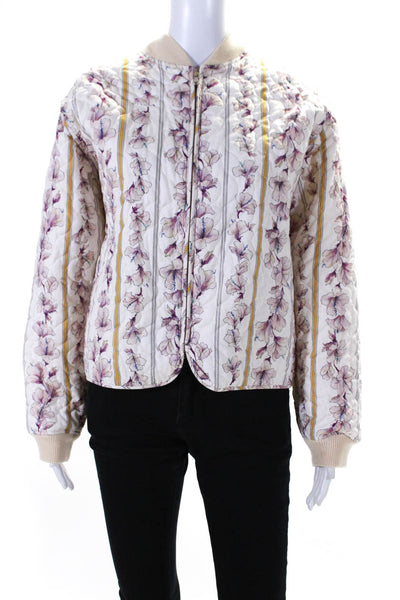 Forte_Forte Womens Cotton Floral Print Long Sleeve Quilted Jacket White Size S