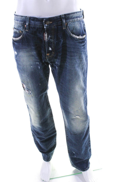 Dsquared2 Mens Cotton Distressed Five Pocket Straight Leg Jeans Blue Size 50
