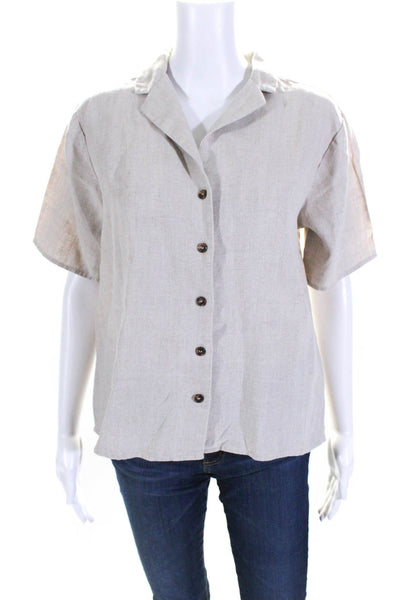 525 Womens Linen Short Sleeve Button Down Blouse Beige Size S