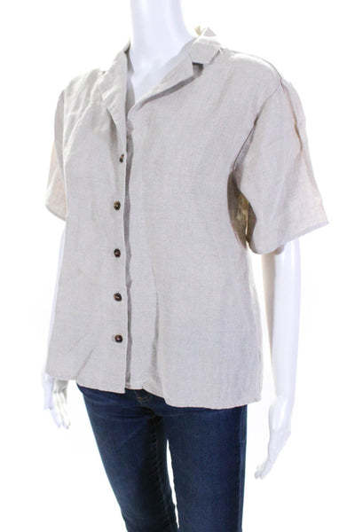 525 Womens Linen Short Sleeve Button Down Blouse Beige Size S