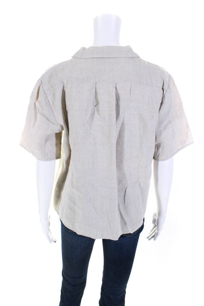 525 Womens Linen Short Sleeve Button Down Blouse Beige Size S