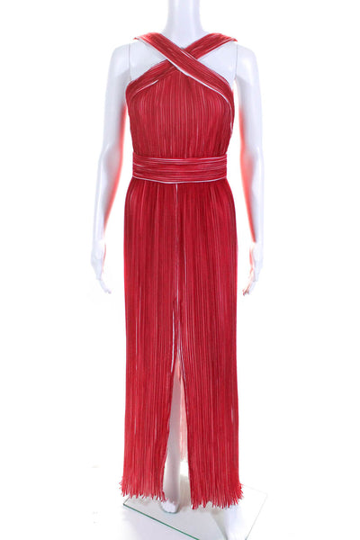 Yigal Azrouel Womens Pleated Halter Neck Front High Slit Gown Red Size 2