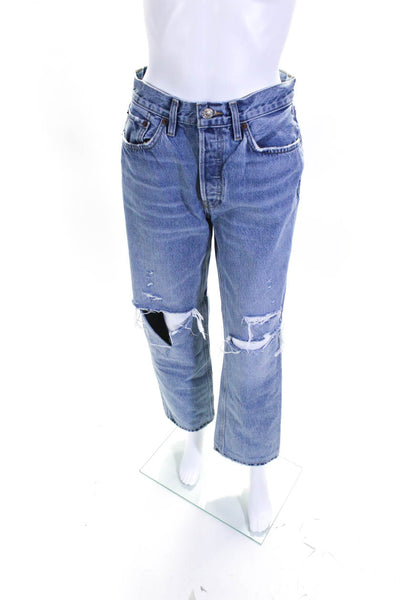 Re/Done Womens High Rise Light Wash Distressed Straight Leg Jeans Blue Size 25