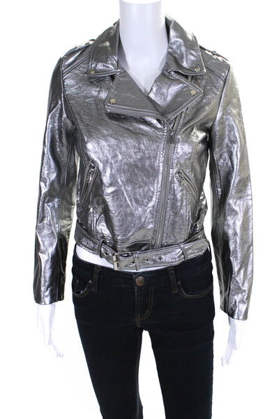 Zara Trafaluc Womens Faux Leather Asymmetric Zip Biker Jacket Silver Size S