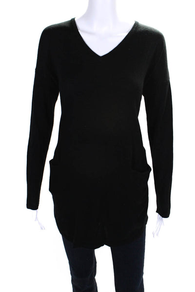 Kinross Womens Cashmere V-Neck Long Sleeve Sweater With Pockets Black Size S