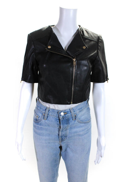 LaMarque Womens Front Zip Short Sleeve Leather Cropped Jacket Black Size Small